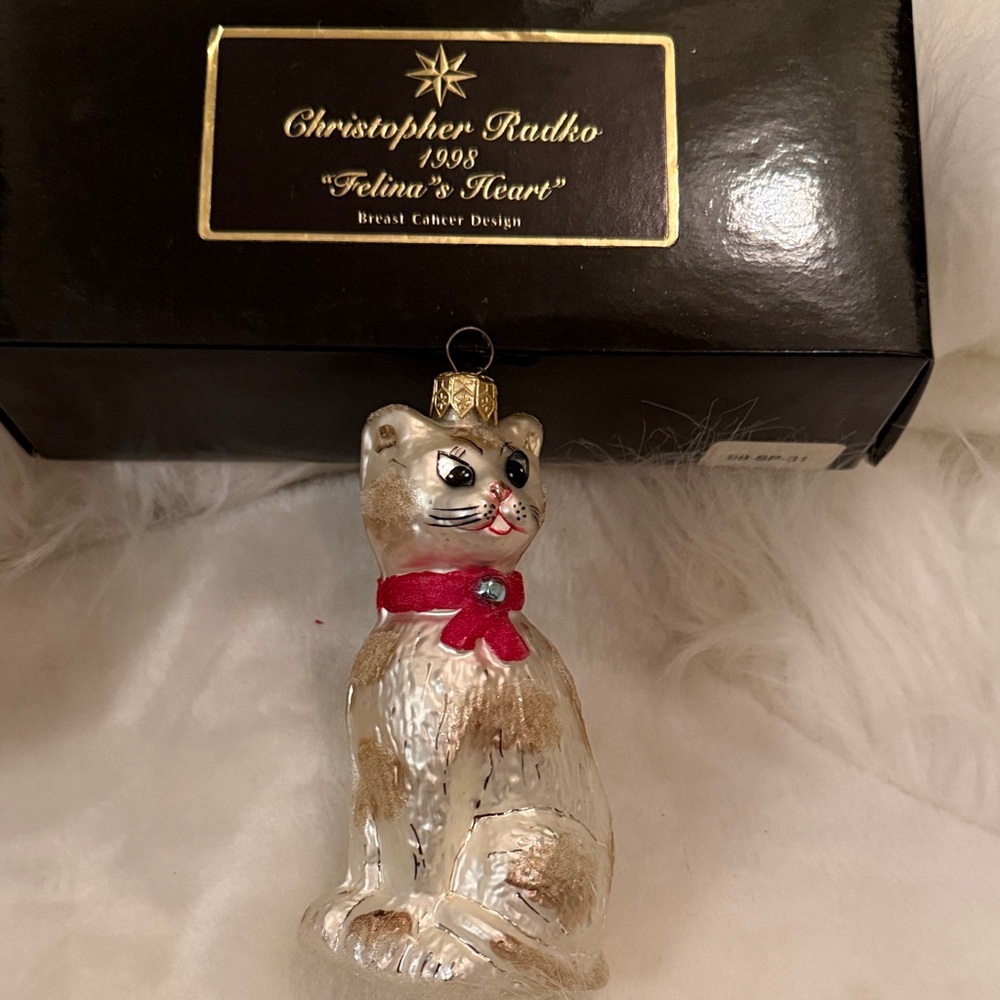 Christopher Radko Silver Cat Ornament with Red Bow